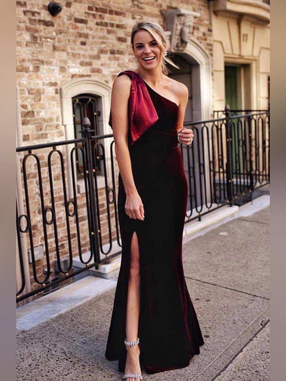 Anthropologie BHLDN Britta Velvet One Shoulder Bow Slit Dress Maroon Burgundy 2